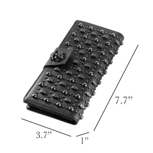 Gothic Skull Studded Black Leather Clutch Wallet BiFold - Picture 16 of 16